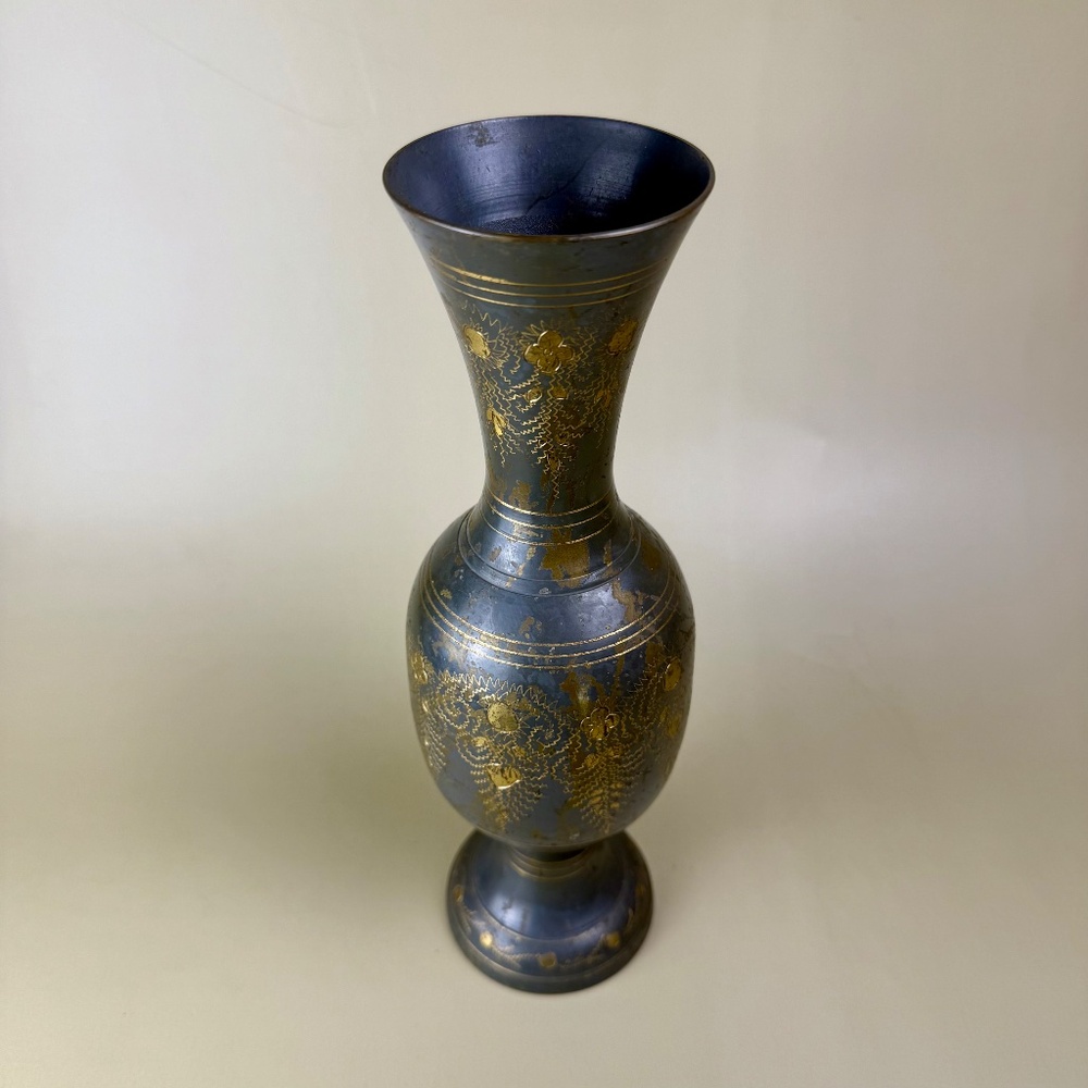 Vintage Brass Vase | Hand-Etched Floral Design | 11.75" Tall - Picture 2 of 10